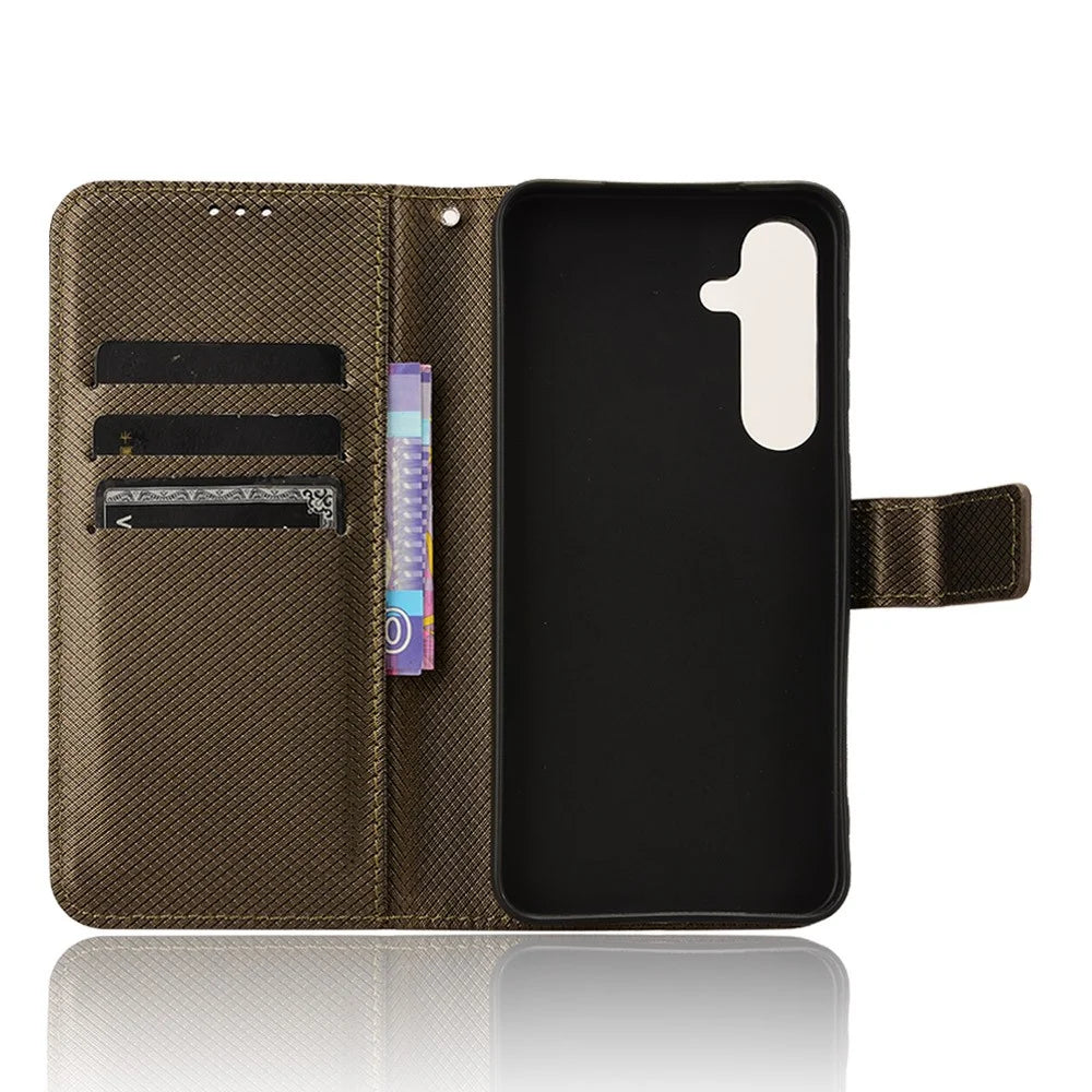 For Samsung Galaxy S25 Case PU Leather Diamond Texture Wallet Phone Cover - Brown - 4