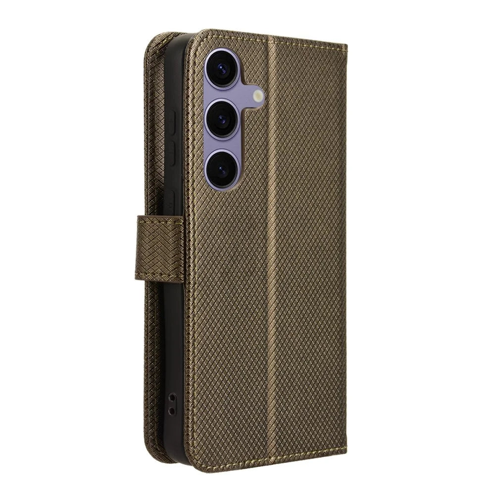 For Samsung Galaxy S25 Case PU Leather Diamond Texture Wallet Phone Cover - Brown - 7