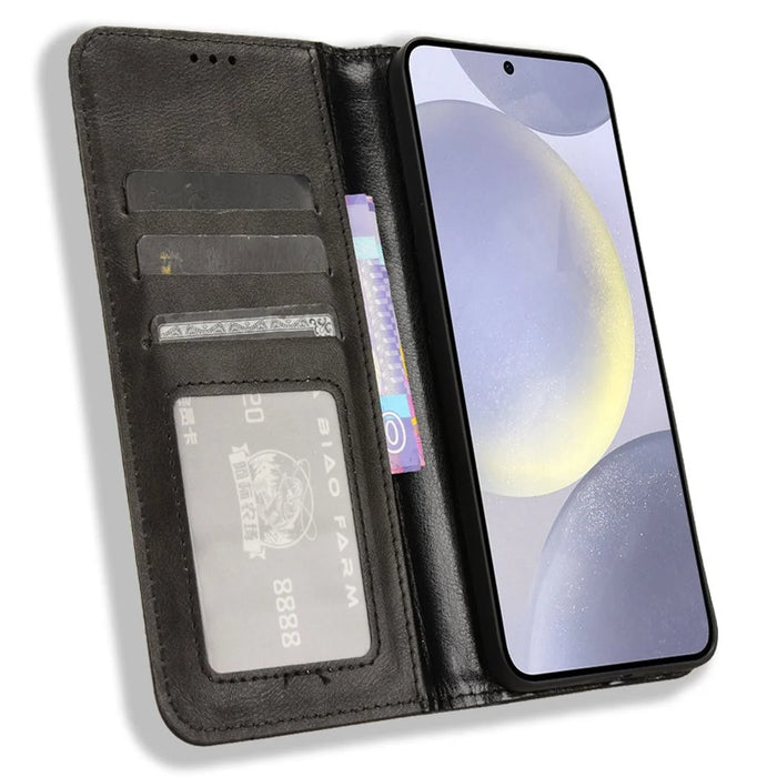 For Samsung Galaxy S25+ Case Wallet Stand Retro Texture Leather Phone Cover - Black - 2