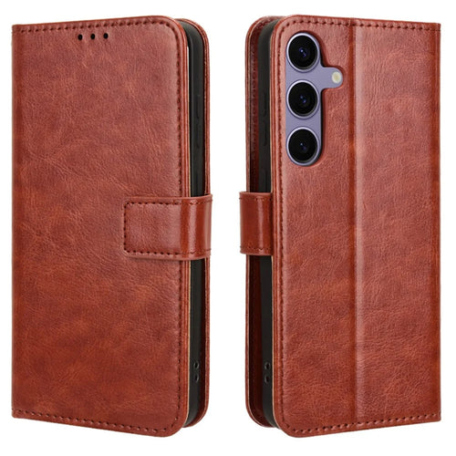 For Samsung Galaxy S25+ Case Crazy Horse Texture PU Leather Phone Wallet Cover - Brown - 1