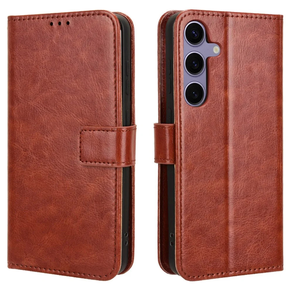For Samsung Galaxy S25+ Case Crazy Horse Texture PU Leather Phone Wallet Cover - Brown - 1