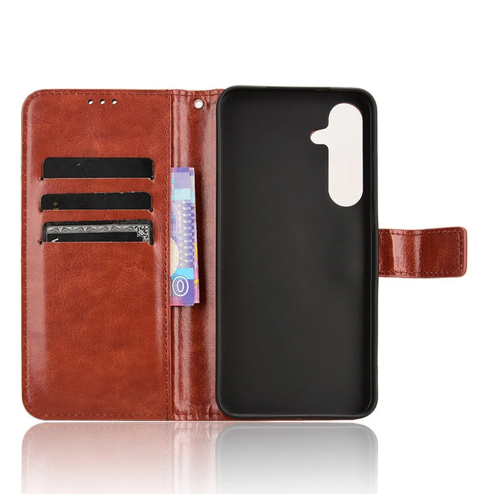 For Samsung Galaxy S25+ Case Crazy Horse Texture PU Leather Phone Wallet Cover - Brown - 4