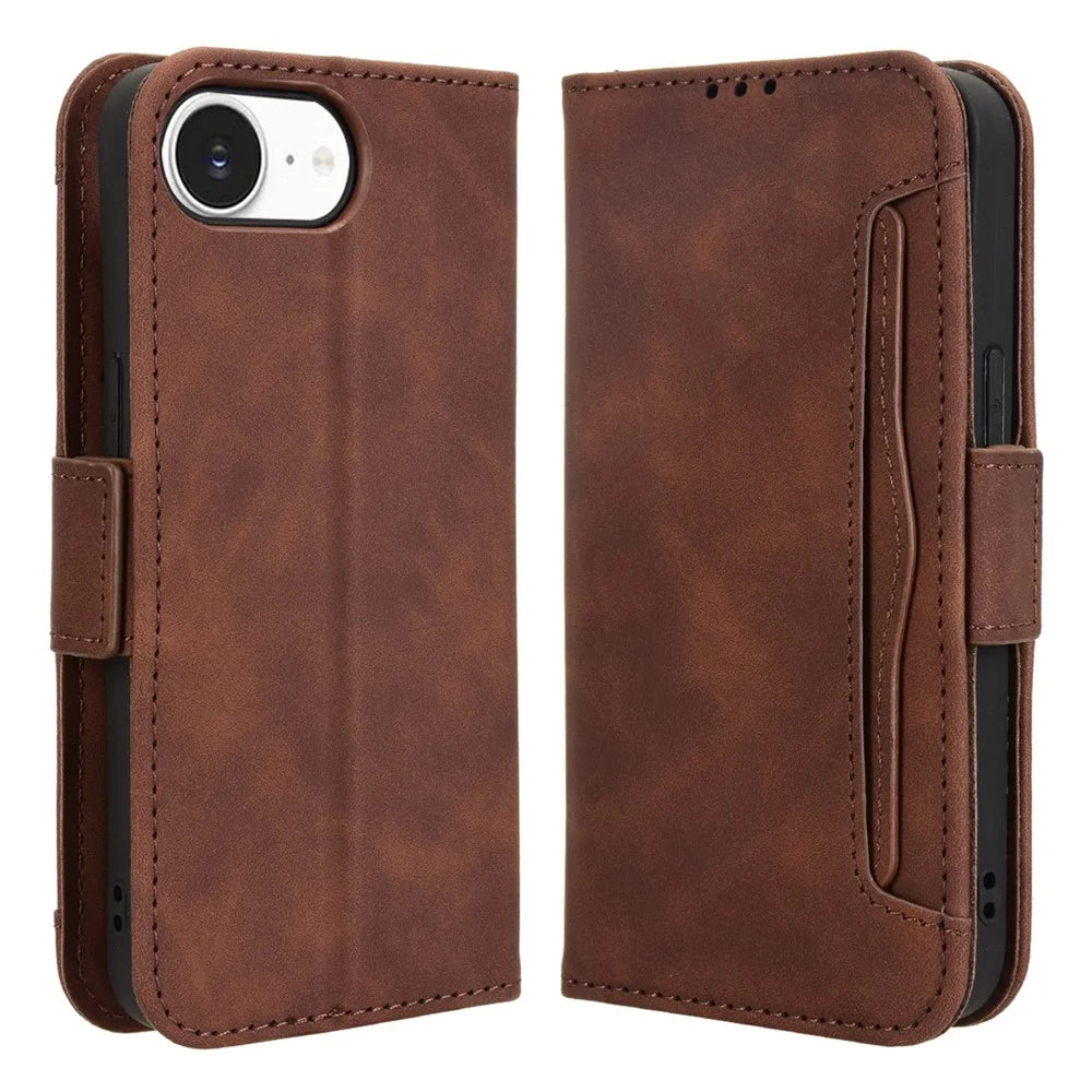 For iPhone 17e / 16e Case Leather Phone Wallet Cover with Multiple Card Slots - Brown - 1