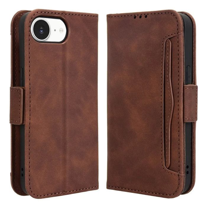 For iPhone 17e / 16e Case Leather Phone Wallet Cover with Multiple Card Slots - Brown - 1