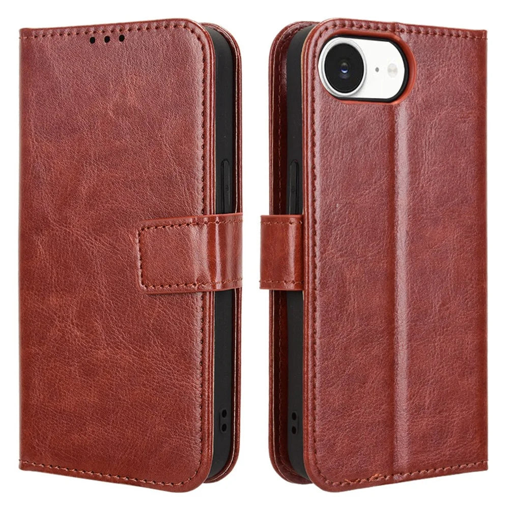 For iPhone 17e / 16e Case Crazy Horse Texture PU Leather Phone Wallet Cover - Brown - 1