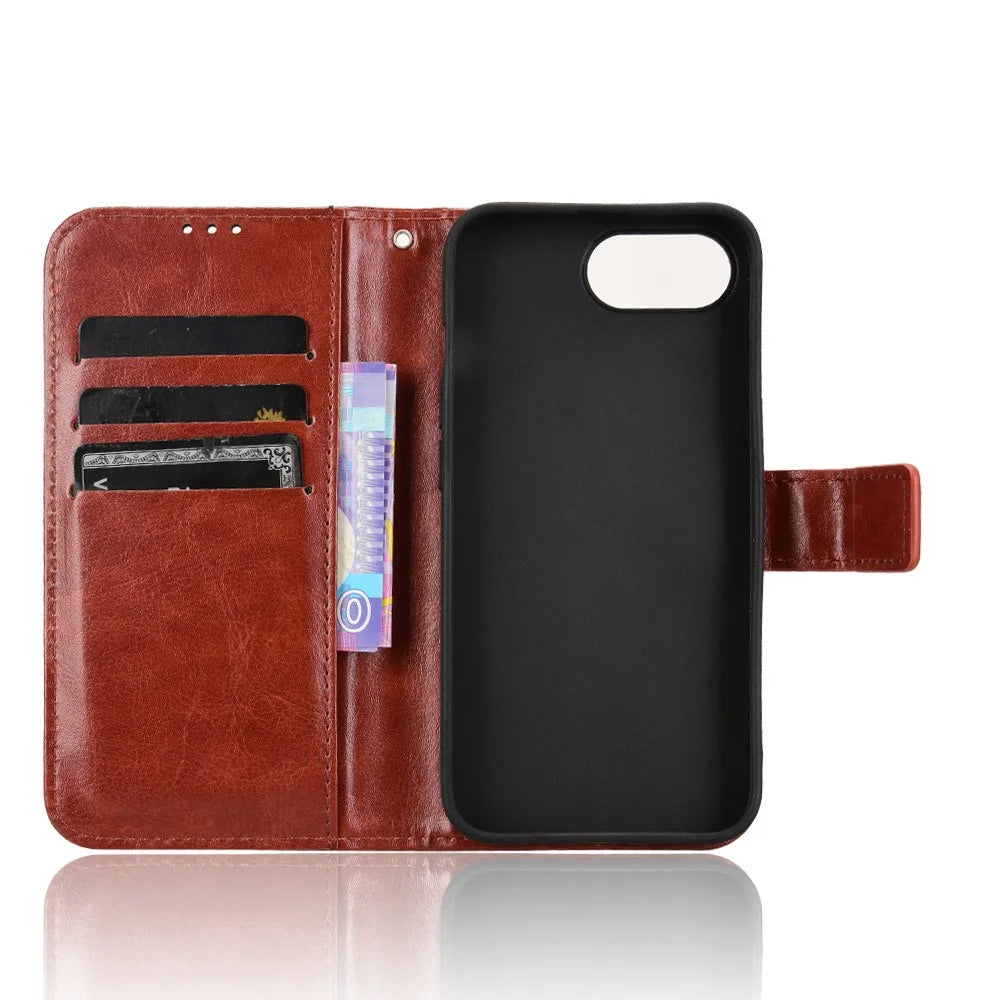 For iPhone 17e / 16e Case Crazy Horse Texture PU Leather Phone Wallet Cover - Brown - 4