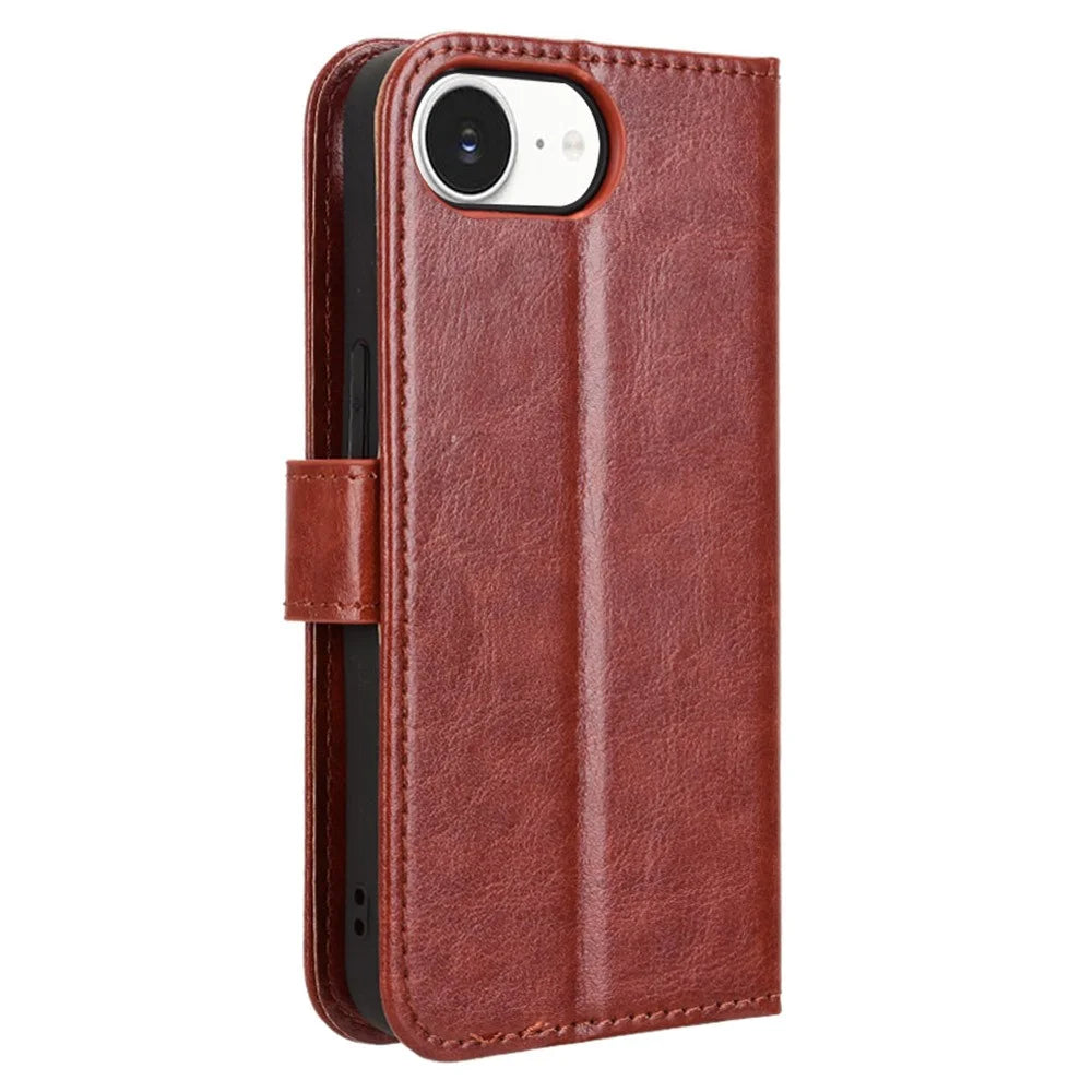 For iPhone 17e / 16e Case Crazy Horse Texture PU Leather Phone Wallet Cover - Brown - 6