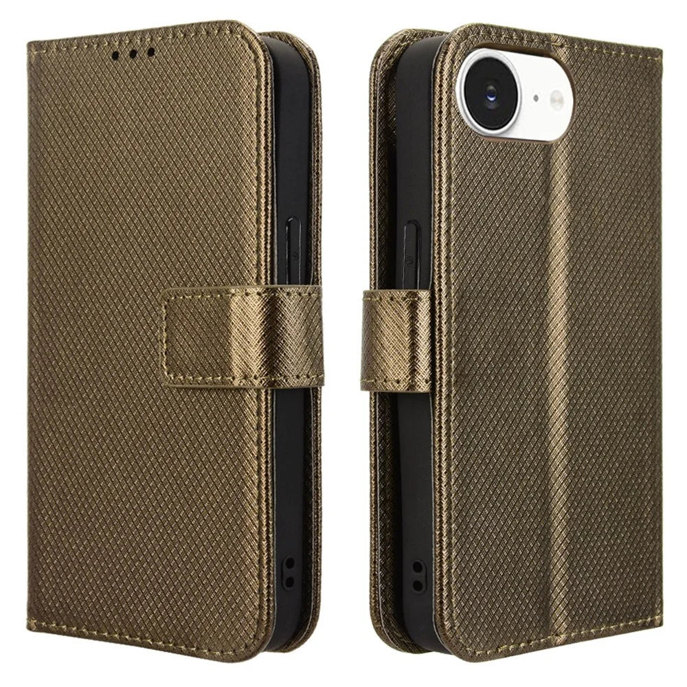 For iPhone 17e / 16e Case PU Leather Diamond Texture Wallet Phone Cover - Brown - 1