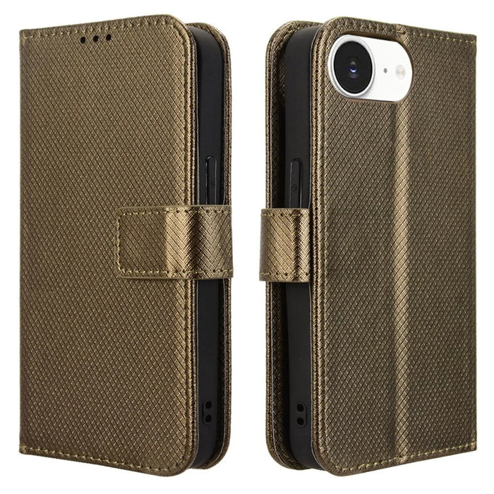For iPhone 17e / 16e Case PU Leather Diamond Texture Wallet Phone Cover - Brown - 1