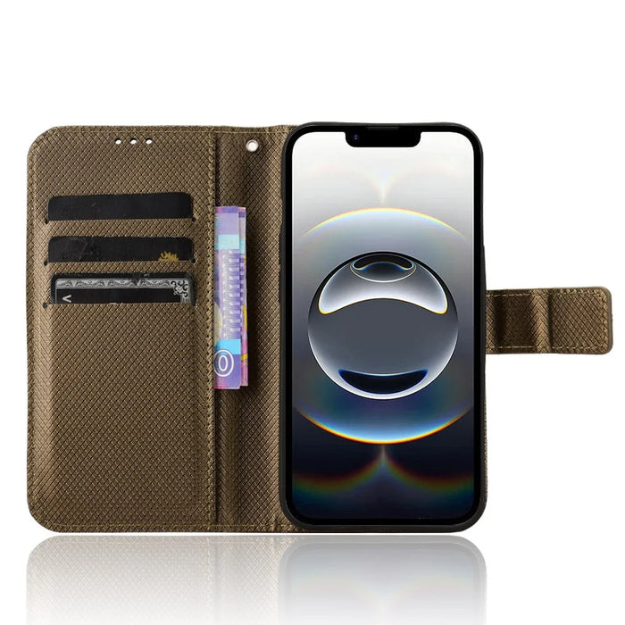 For iPhone 17e / 16e Case PU Leather Diamond Texture Wallet Phone Cover - Brown - 2