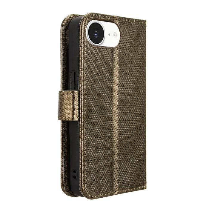 For iPhone 17e / 16e Case PU Leather Diamond Texture Wallet Phone Cover - Brown - 7
