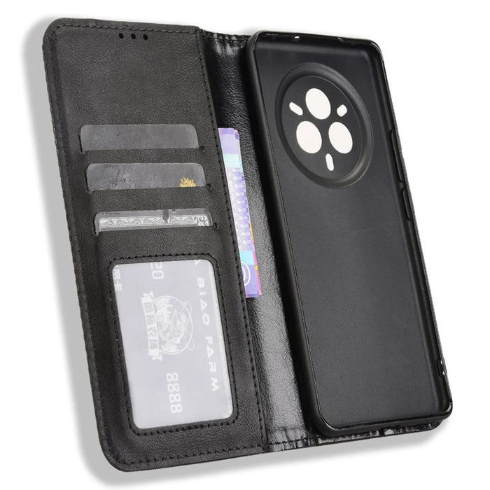 For Realme 14 Pro+ 5G Case Wallet Stand Retro Texture Leather Phone Cover - Black - 4