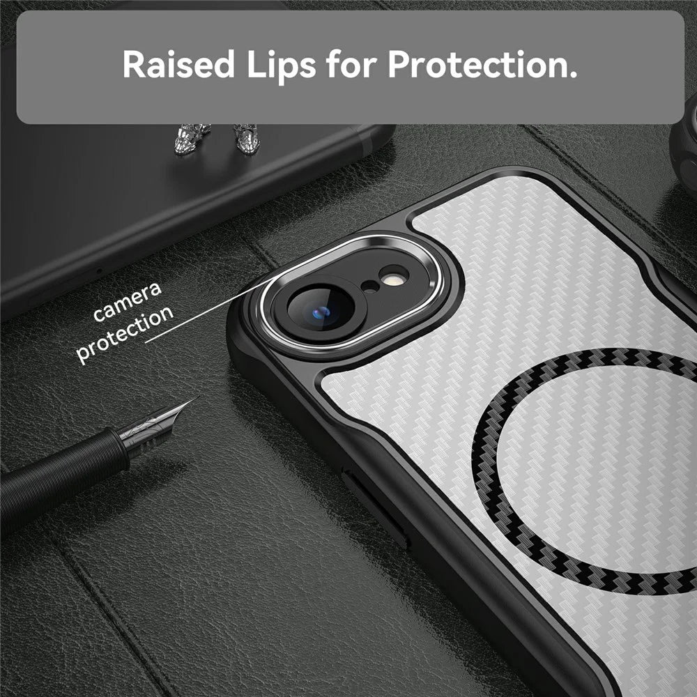 For iPhone 17e / 16e Case Compatible with MagSafe Hybrid Phone Cover Carbon Fiber - Black - 5
