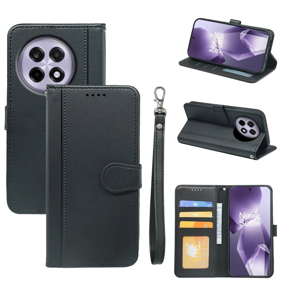 For OnePlus 13R 5G Wallet Case Magnetic Snap Leather Phone Cover with Strap - Black - 1