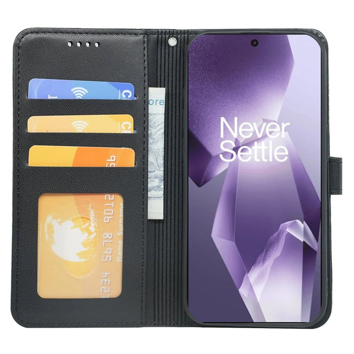 For OnePlus 13R 5G Wallet Case Magnetic Snap Leather Phone Cover with Strap - Black - 2