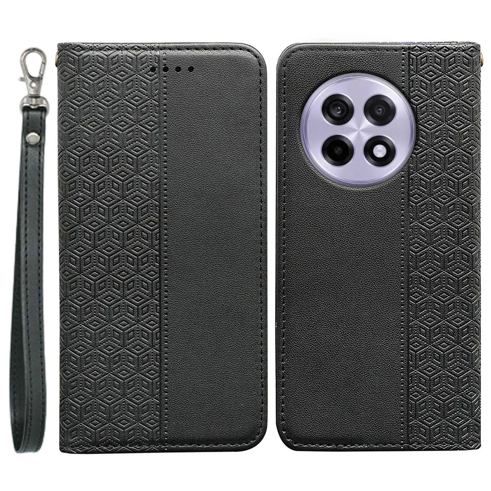 For OnePlus 13R 5G Wallet Phone Case Checkered Pattern Imprint Leather Flip Cover with Wrist Strap - Black - 1