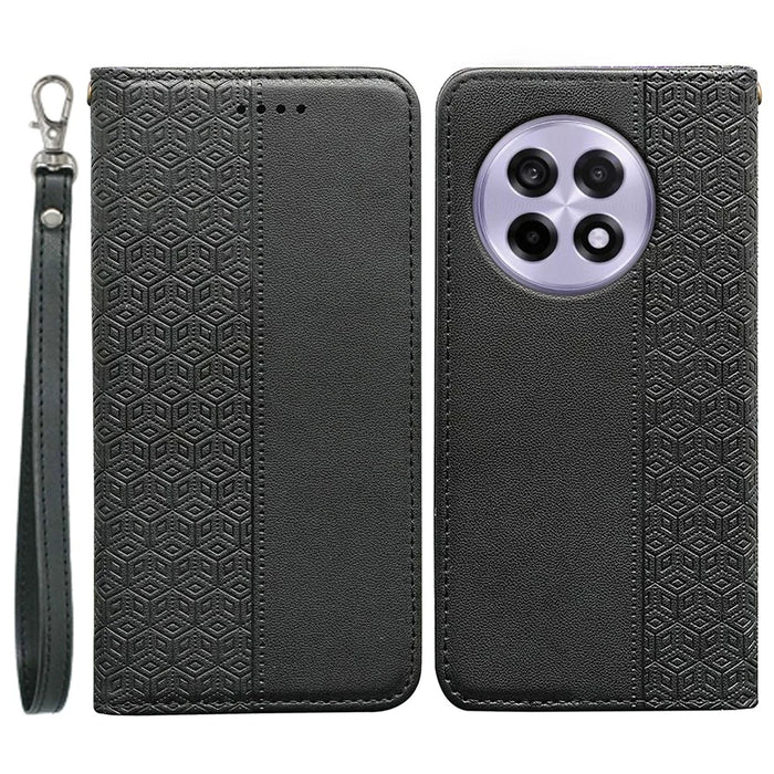 For OnePlus 13R 5G Wallet Phone Case Checkered Pattern Imprint Leather Flip Cover with Wrist Strap - Black - 1