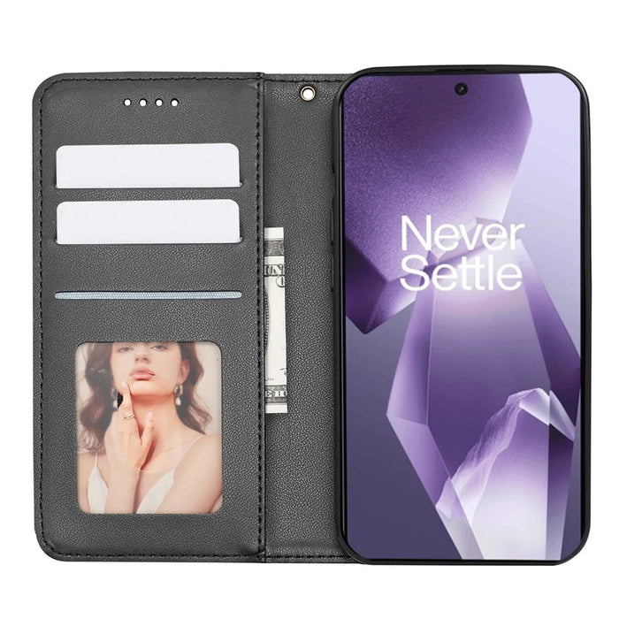 For OnePlus 13R 5G Wallet Phone Case Checkered Pattern Imprint Leather Flip Cover with Wrist Strap - Black - 2