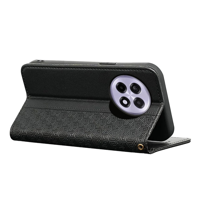 For OnePlus 13R 5G Wallet Phone Case Checkered Pattern Imprint Leather Flip Cover with Wrist Strap - Black - 4