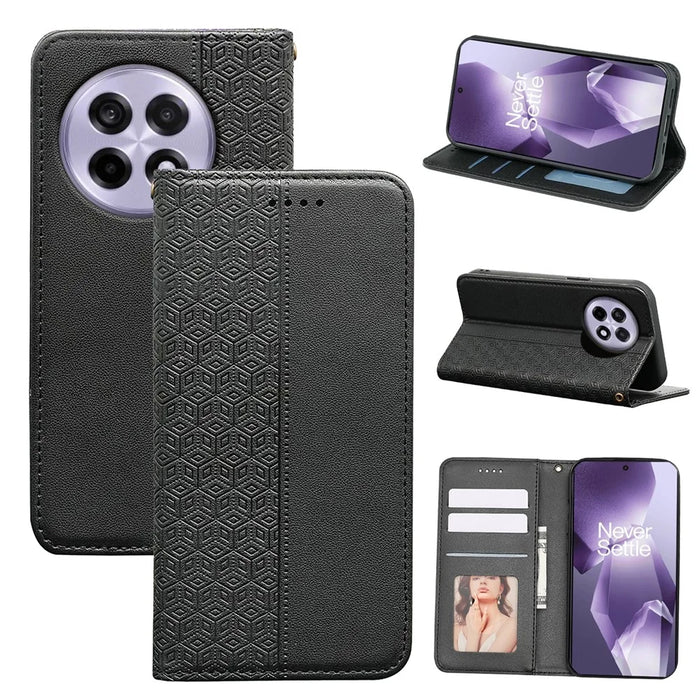 For OnePlus 13R 5G Wallet Phone Case Checkered Pattern Imprint Leather Flip Cover with Wrist Strap - Black - 5