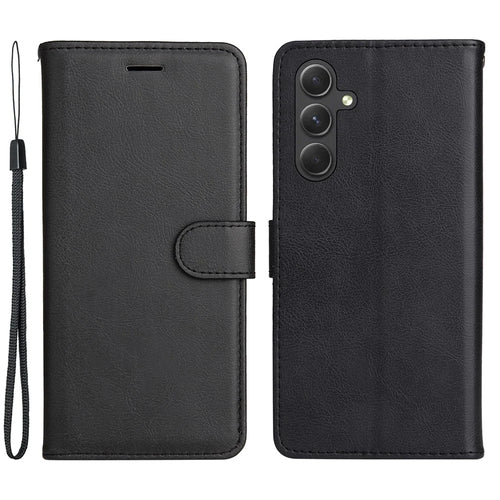 For Samsung Galaxy A56 5G / M56 5G Case Solid Color Leather Mobile Cover Wallet Stand with Strap - Black - 1