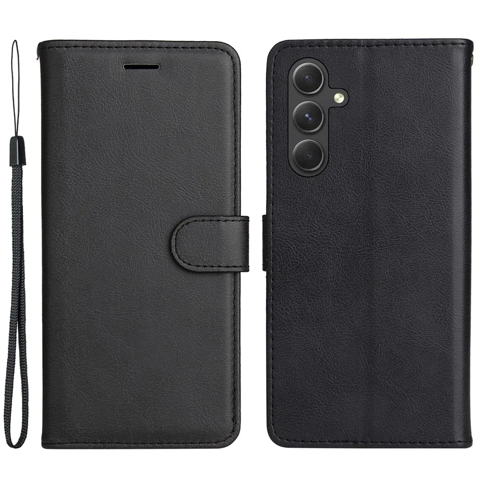 For Samsung Galaxy A56 5G / M56 5G Case Solid Color Leather Mobile Cover Wallet Stand with Strap - Black - 1