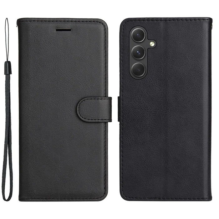 For Samsung Galaxy A56 5G / M56 5G Case Solid Color Leather Mobile Cover Wallet Stand with Strap - Black - 1