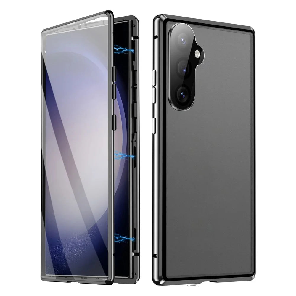 For Samsung Galaxy S25 Case Double Sides Tempered Glass + Metal Magnetic Phone Cover with Buckle - Black - 1