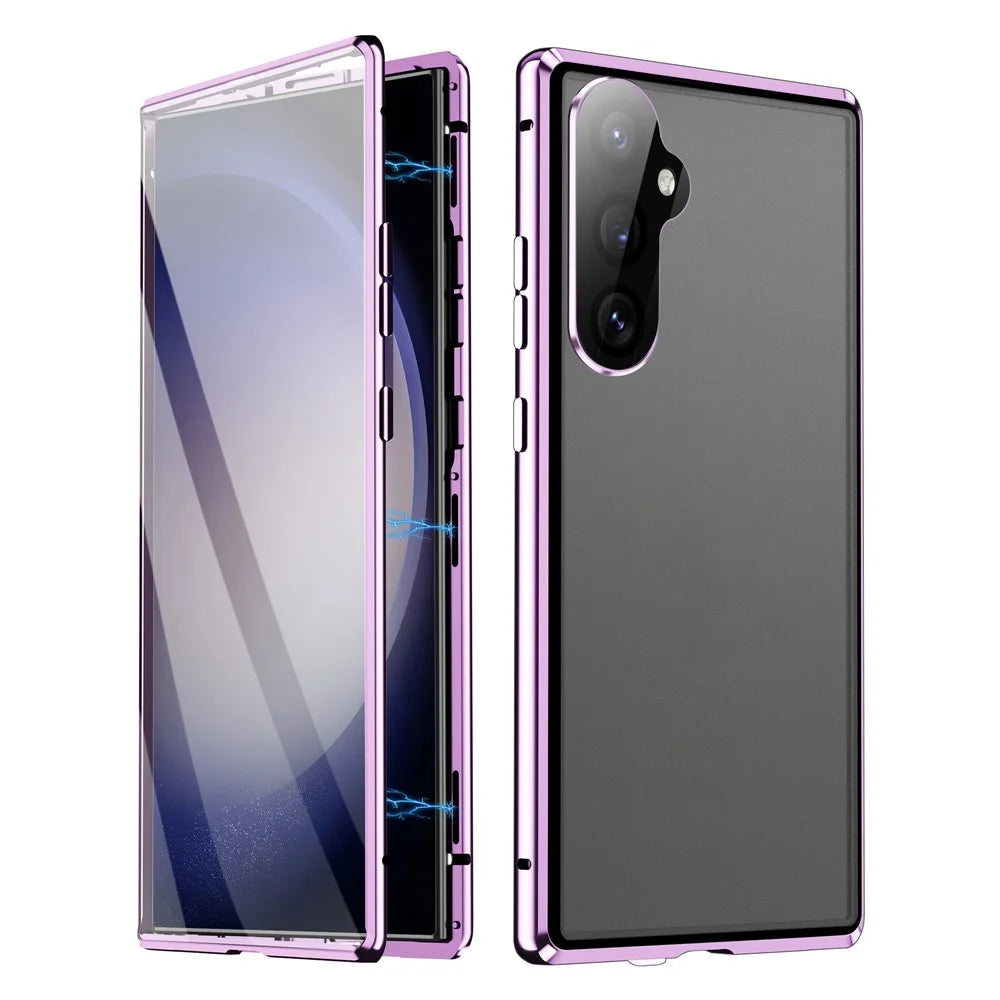 For Samsung Galaxy S25+ Case Double Sides Tempered Glass + Metal Magnetic Phone Cover with Buckle - Purple - 1