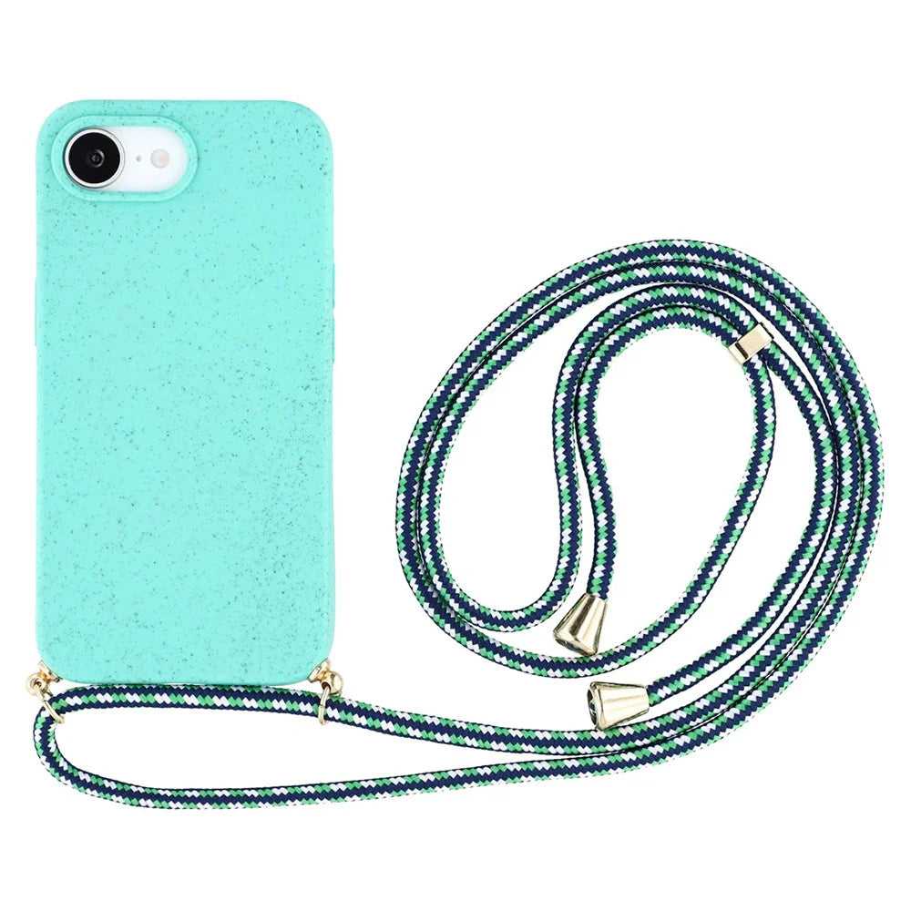 For iPhone 17e / 16e Case Biodegradable Wheat Straw + TPU Phone Cover with Long Lanyard - Sky Blue - 1