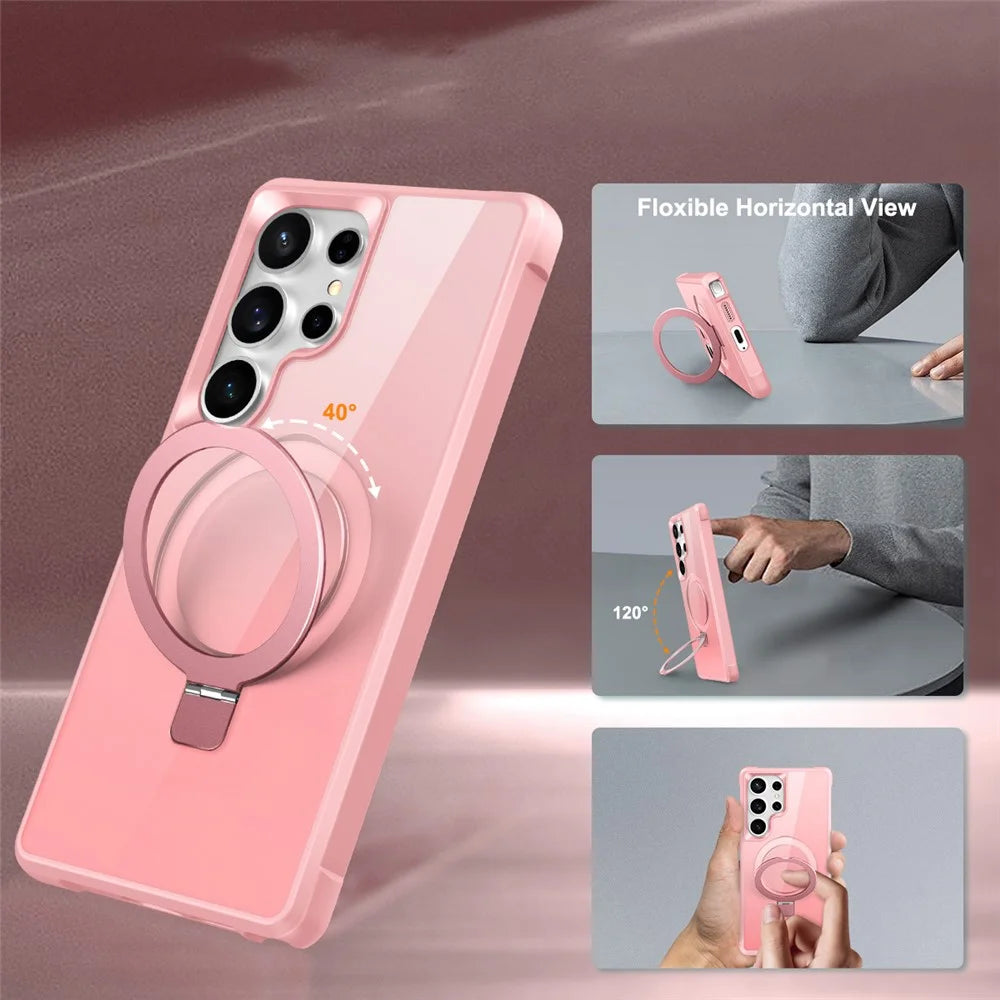 For Samsung Galaxy S25 Ultra Magnetic Case Ring Holder Kickstand TPU + PC Phone Cover - Pink - 2