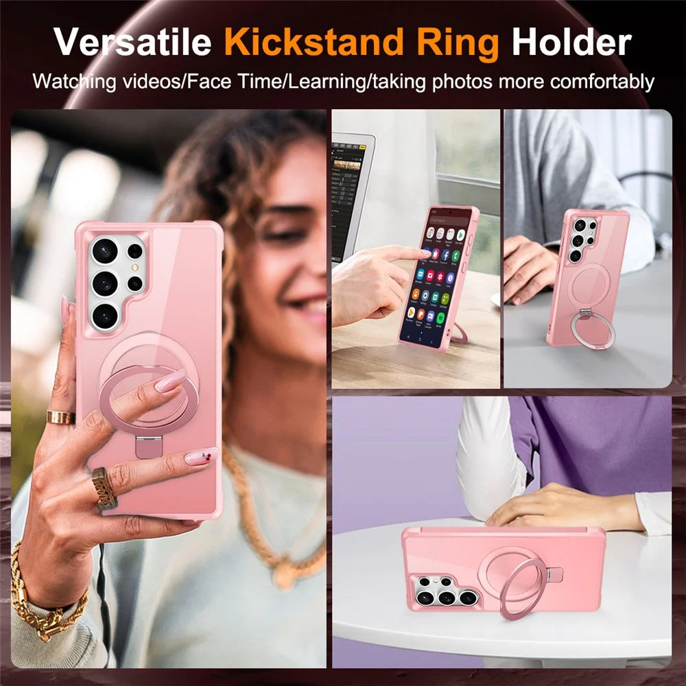 For Samsung Galaxy S25 Ultra Magnetic Case Ring Holder Kickstand TPU + PC Phone Cover - Pink - 4