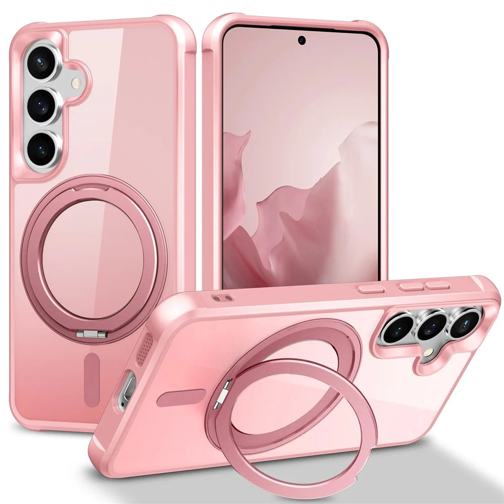 For Samsung Galaxy S25  /  S24 Magnetic Case Rotatable Ring Kickstand TPU + PC Phone Cover - Pink - 1