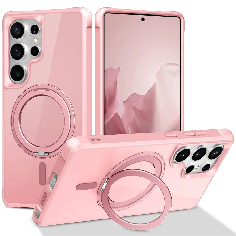 For Samsung Galaxy S25 Ultra Magnetic Case Rotatable Ring Kickstand TPU + PC Phone Cover - Pink - 1