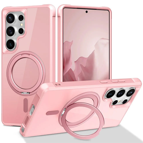 For Samsung Galaxy S25 Ultra Magnetic Case Rotatable Ring Kickstand TPU + PC Phone Cover - Pink - 1