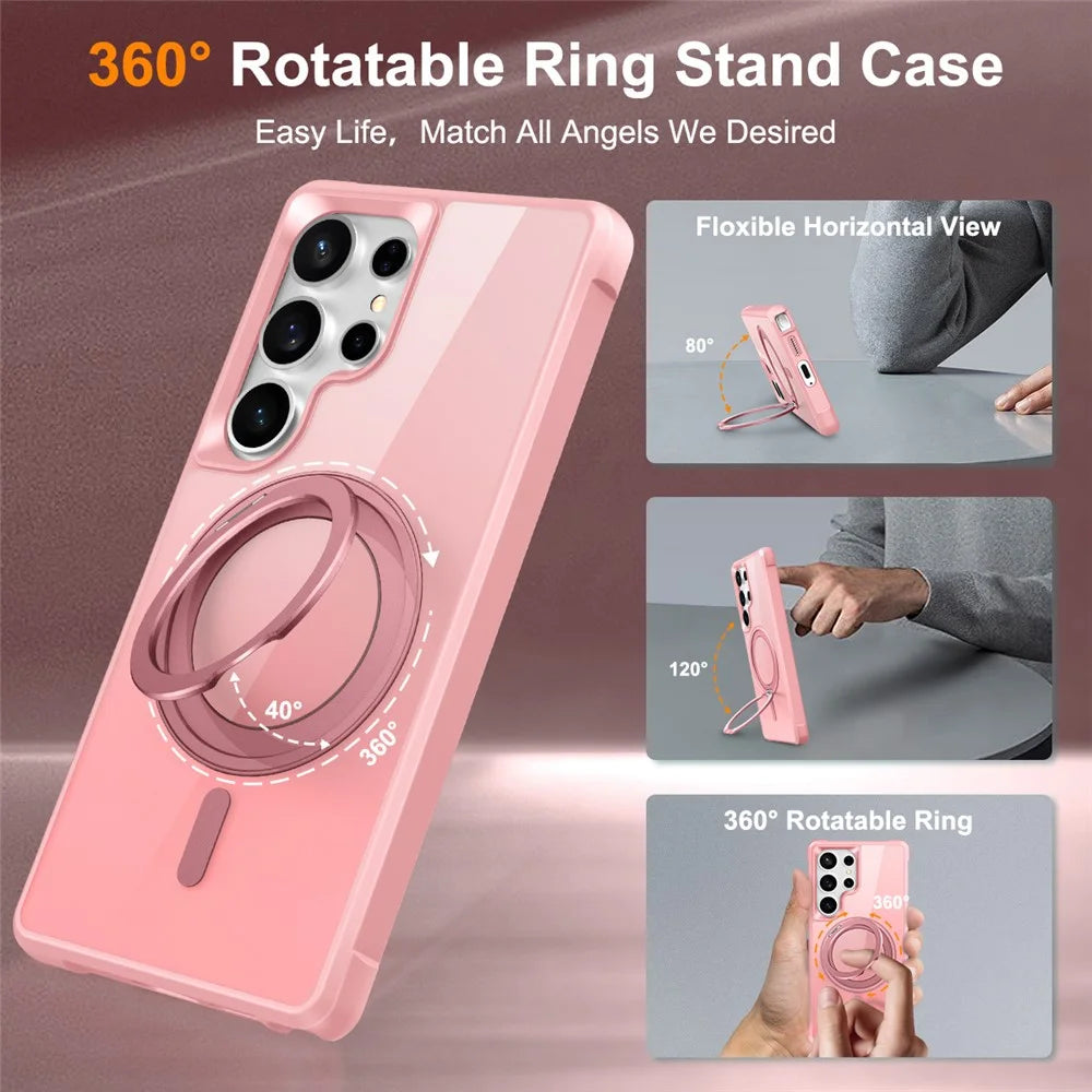 For Samsung Galaxy S25 Ultra Magnetic Case Rotatable Ring Kickstand TPU + PC Phone Cover - Pink - 2