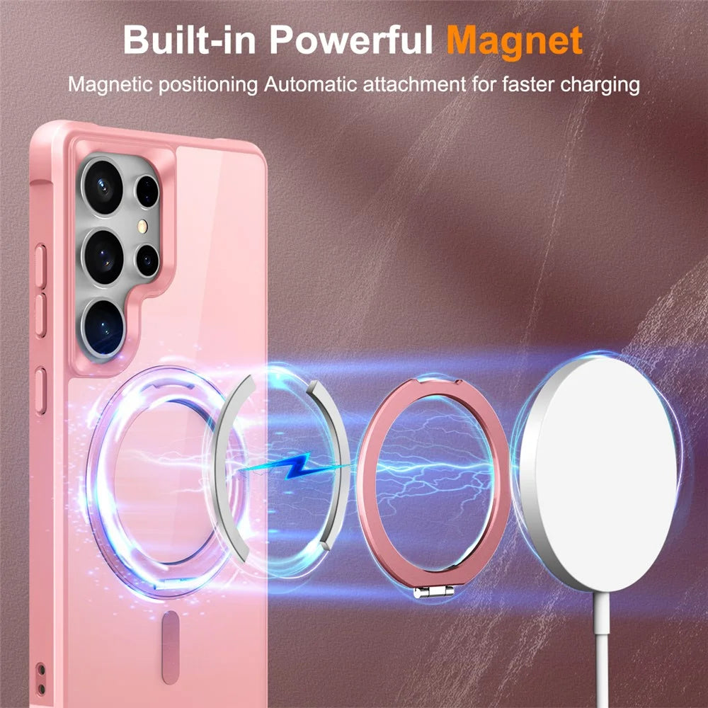 For Samsung Galaxy S25 Ultra Magnetic Case Rotatable Ring Kickstand TPU + PC Phone Cover - Pink - 3