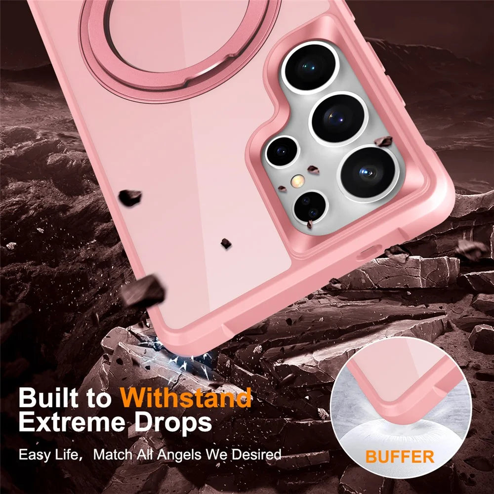 For Samsung Galaxy S25 Ultra Magnetic Case Rotatable Ring Kickstand TPU + PC Phone Cover - Pink - 6
