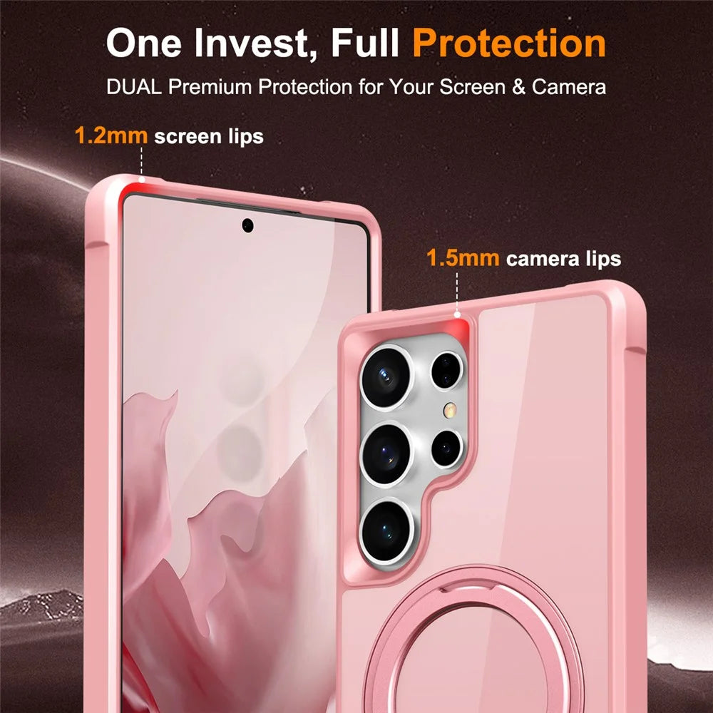 For Samsung Galaxy S25 Ultra Magnetic Case Rotatable Ring Kickstand TPU + PC Phone Cover - Pink - 7