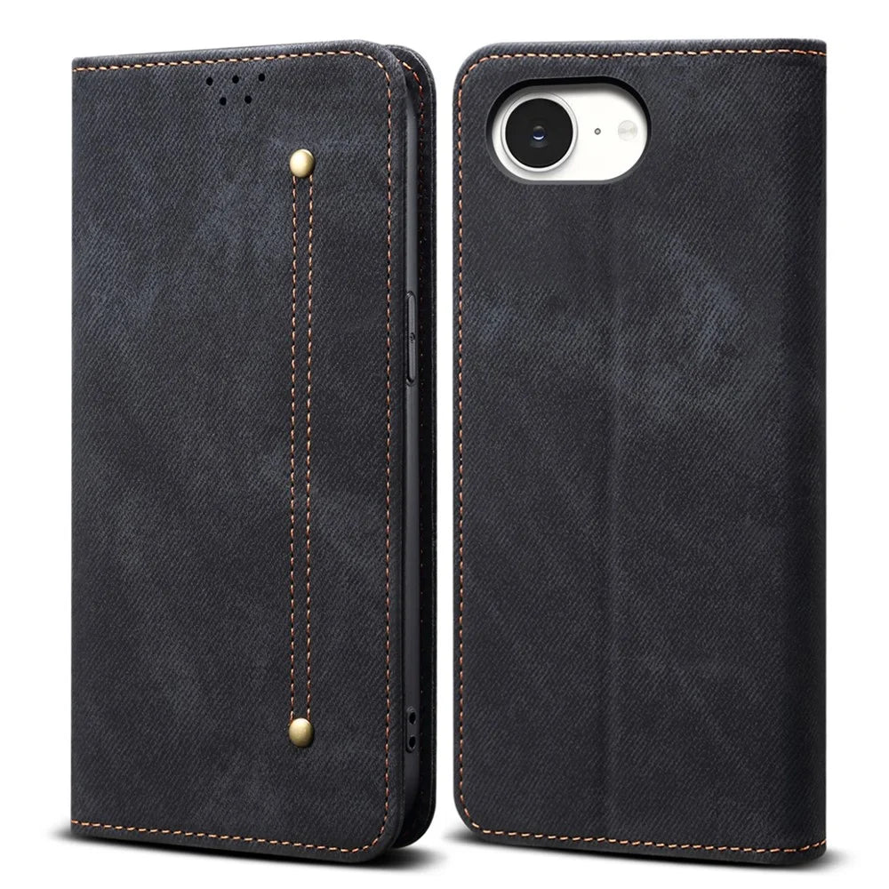 For iPhone 17e / 16e Case Jeans Cloth Texture Anti-Scratch Leather Stand Phone Cover - Black - 1