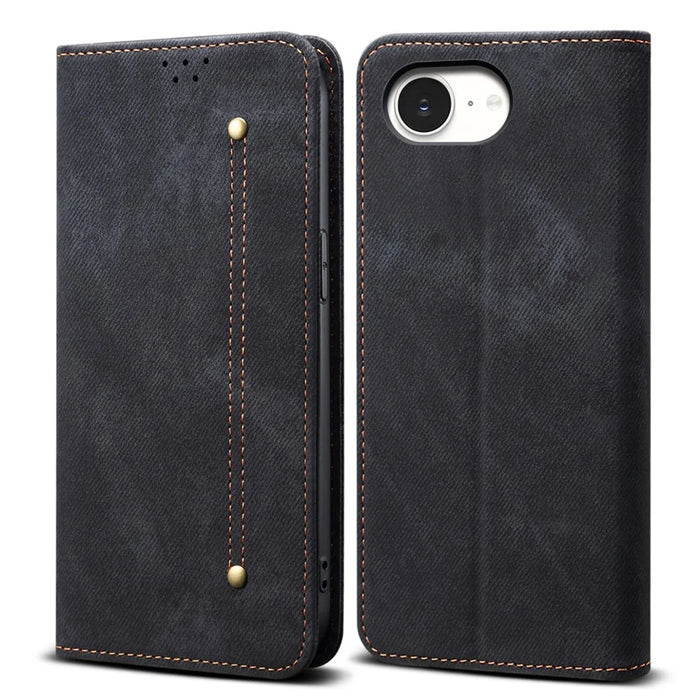 For iPhone 17e / 16e Case Jeans Cloth Texture Anti-Scratch Leather Stand Phone Cover - Black - 1
