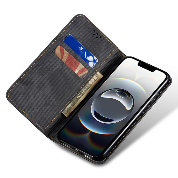For iPhone 17e / 16e Case Jeans Cloth Texture Anti-Scratch Leather Stand Phone Cover - Black - 2