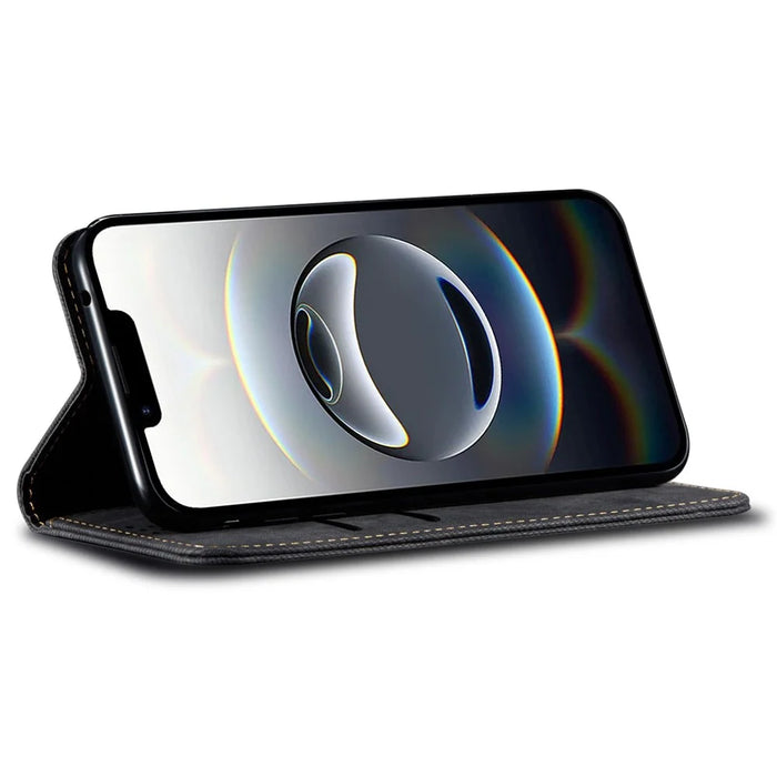 For iPhone 17e / 16e Case Jeans Cloth Texture Anti-Scratch Leather Stand Phone Cover - Black - 3