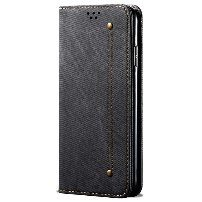 For iPhone 17e / 16e Case Jeans Cloth Texture Anti-Scratch Leather Stand Phone Cover - Black - 5