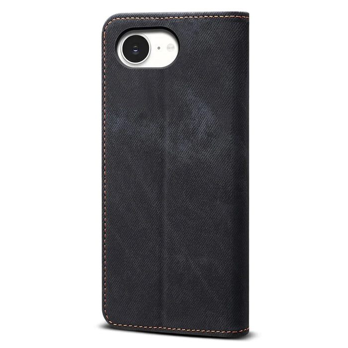 For iPhone 17e / 16e Case Jeans Cloth Texture Anti-Scratch Leather Stand Phone Cover - Black - 6