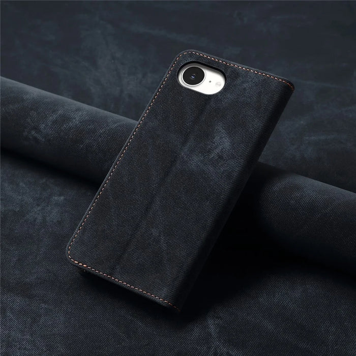 For iPhone 17e / 16e Case Jeans Cloth Texture Anti-Scratch Leather Stand Phone Cover - Black - 7