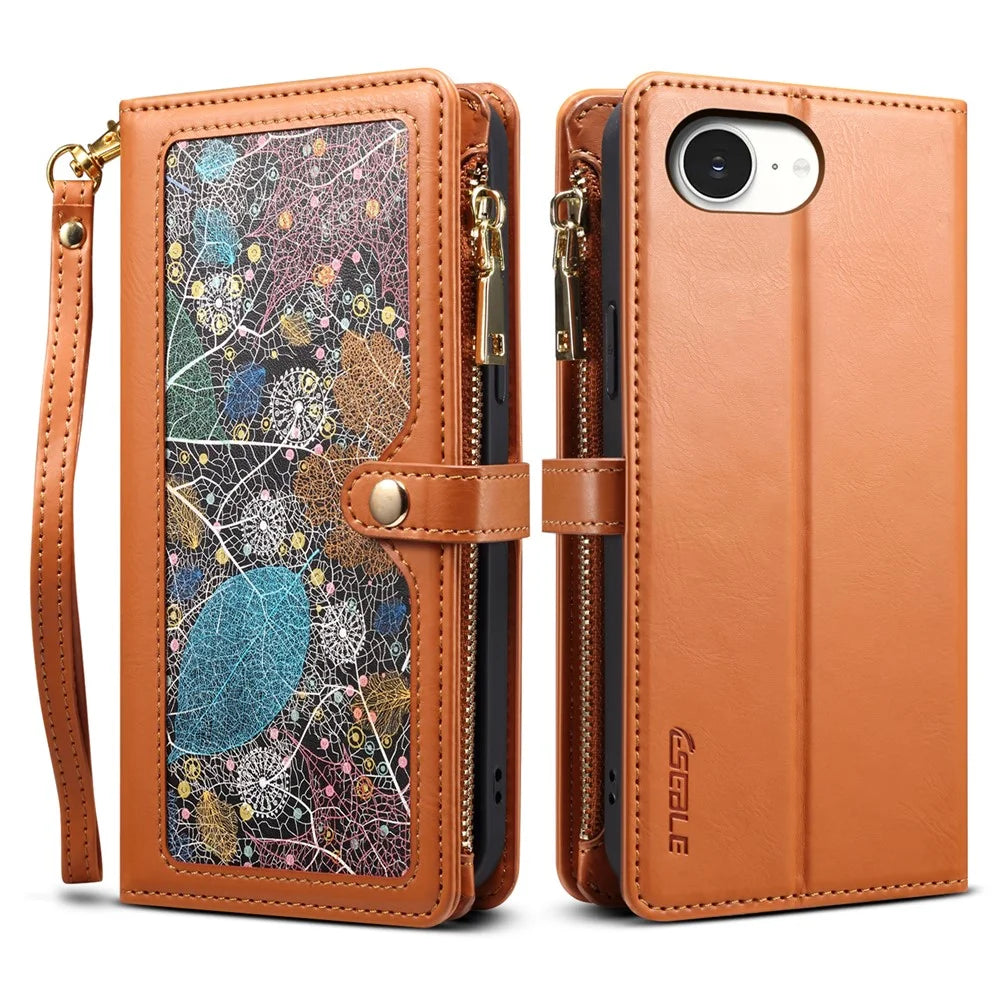 ESEBLE Galaxy Series For iPhone 17e / 16e Case Leather Zipper Phone Cover RFID Blocking - Brown - 1
