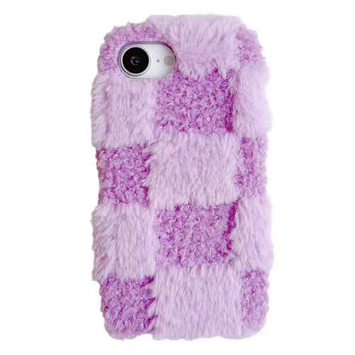 For iPhone 17e / 16e Fluffy Case Checkered / Floral Pattern Winter Plush Inner TPU Phone Cover - Purple - 1