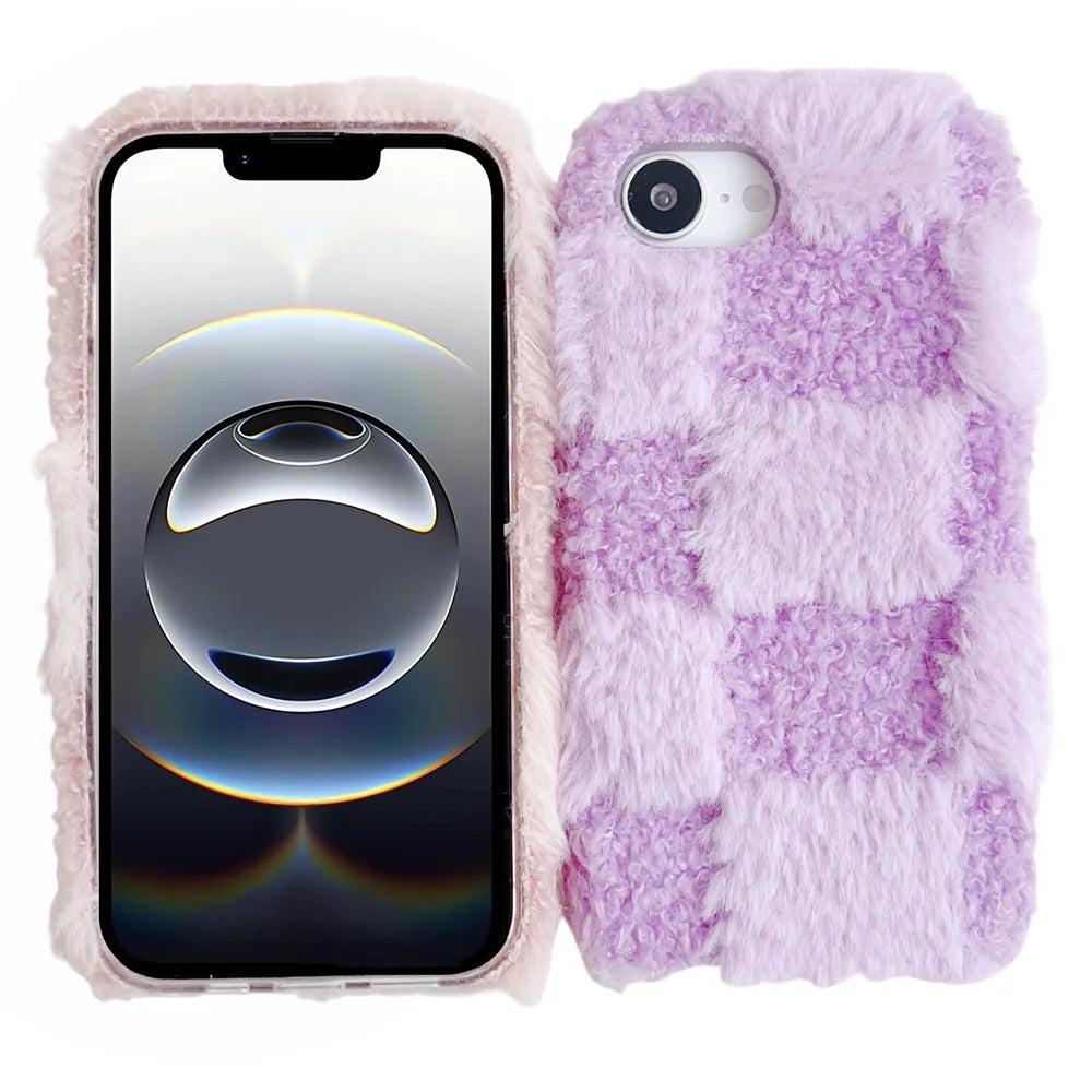 For iPhone 17e / 16e Fluffy Case Checkered / Floral Pattern Winter Plush Inner TPU Phone Cover - Purple - 2