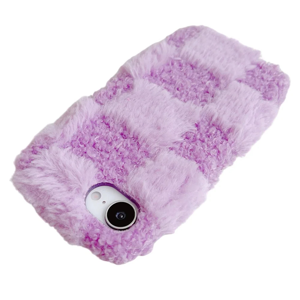 For iPhone 17e / 16e Fluffy Case Checkered / Floral Pattern Winter Plush Inner TPU Phone Cover - Purple - 3